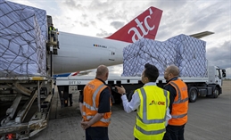 AEROTRANSCARGO flight offloading cargo at London Heathrow Airport  